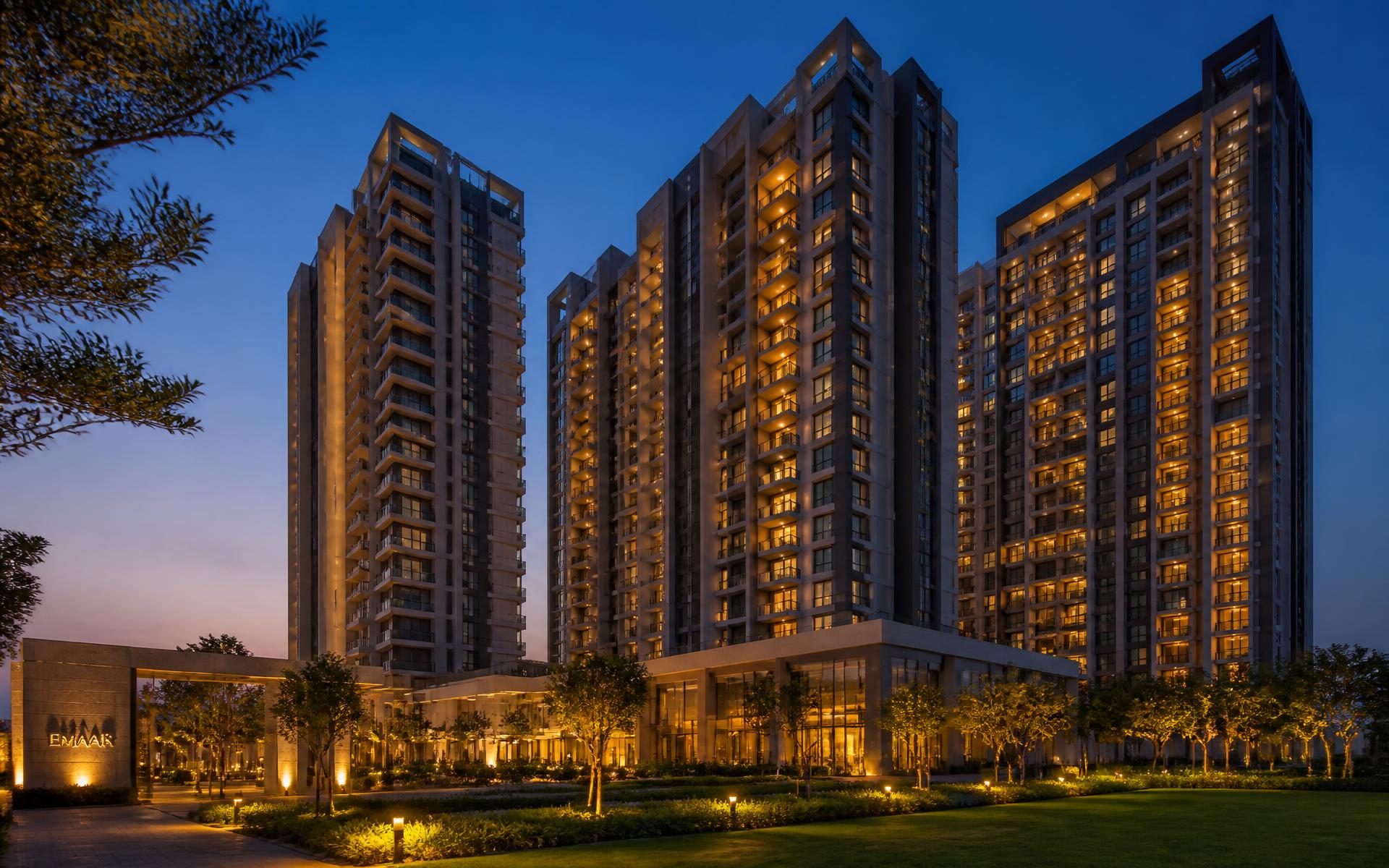 Premium residential towers at dusk with warm lit interiors